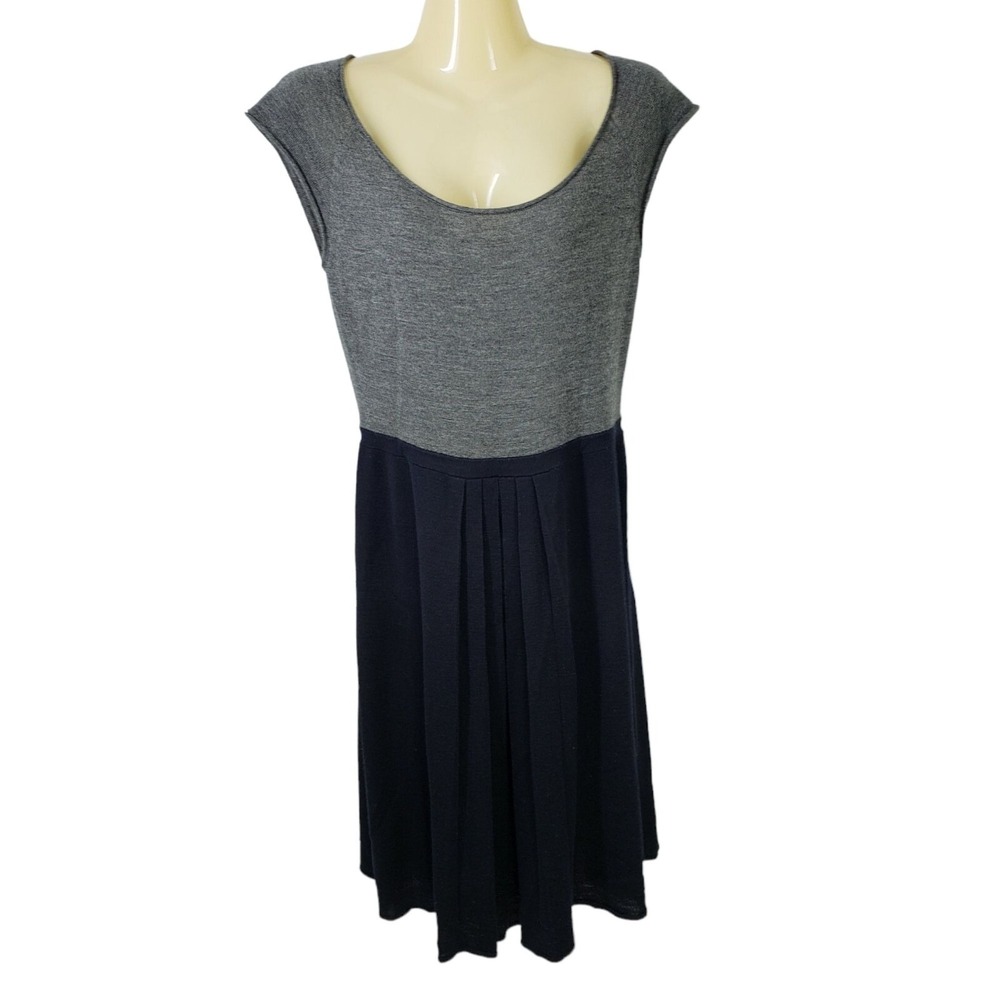 IISLI‎ Knit Dress Womens M Gray Navy Blue 100% Wool Colorblock Pleated Skirt
